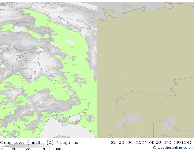 Cloud cover (middle) Arpege-eu Sa 08.06.2024 06 UTC