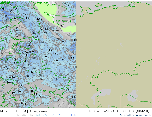 Humedad rel. 850hPa Arpege-eu jue 06.06.2024 18 UTC