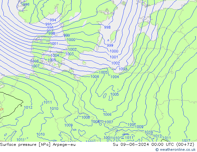 Pressione al suolo Arpege-eu dom 09.06.2024 00 UTC