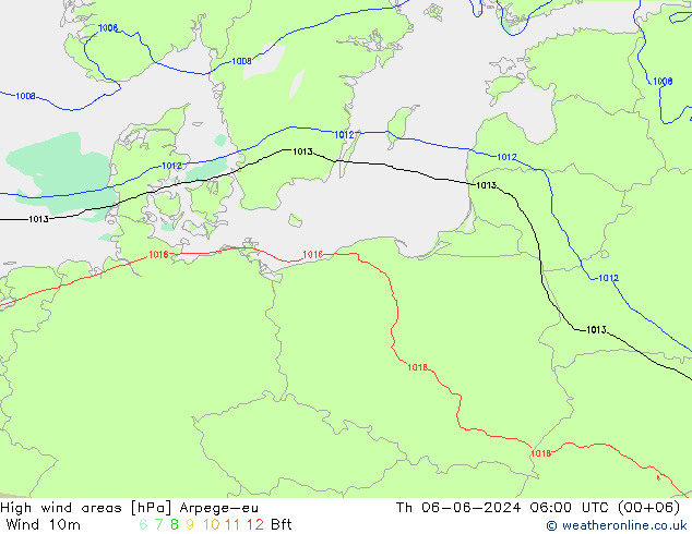 High wind areas Arpege-eu чт 06.06.2024 06 UTC
