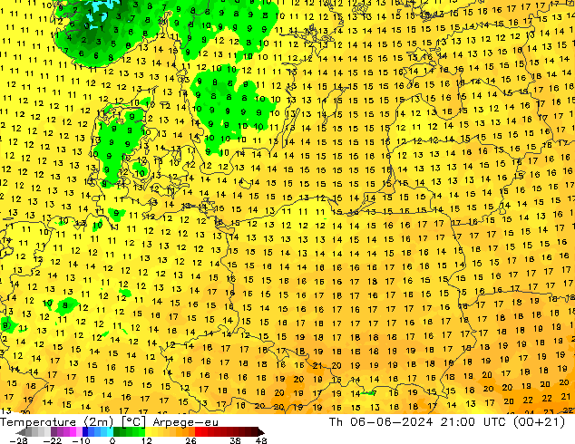 Sıcaklık Haritası (2m) Arpege-eu Per 06.06.2024 21 UTC