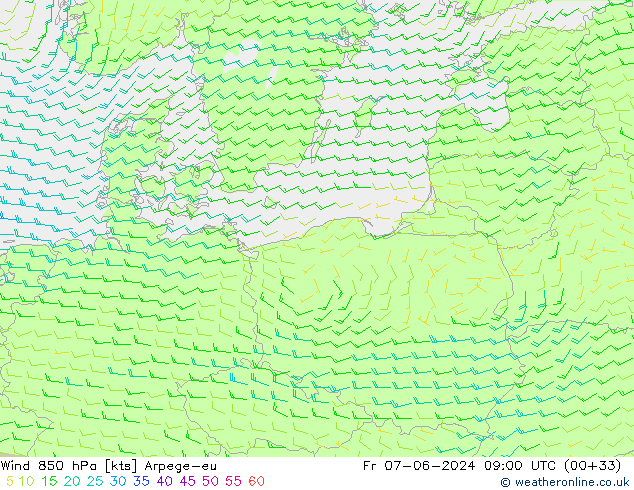 Wind 850 hPa Arpege-eu Fr 07.06.2024 09 UTC