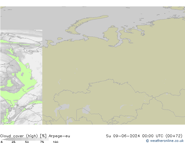 Cloud cover (high) Arpege-eu Su 09.06.2024 00 UTC