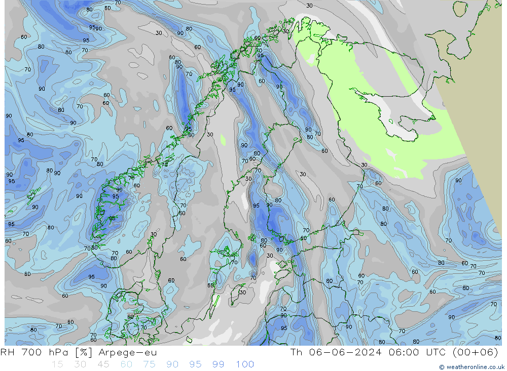 RH 700 hPa Arpege-eu Th 06.06.2024 06 UTC