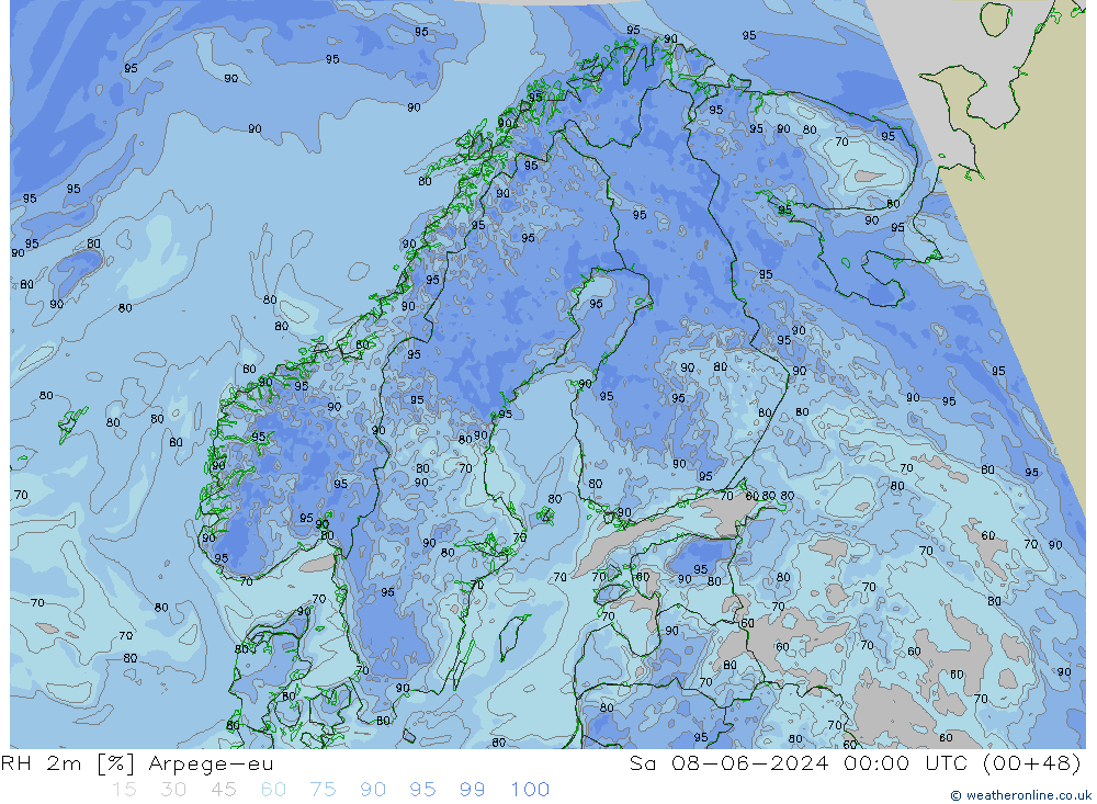 RH 2m Arpege-eu Sa 08.06.2024 00 UTC