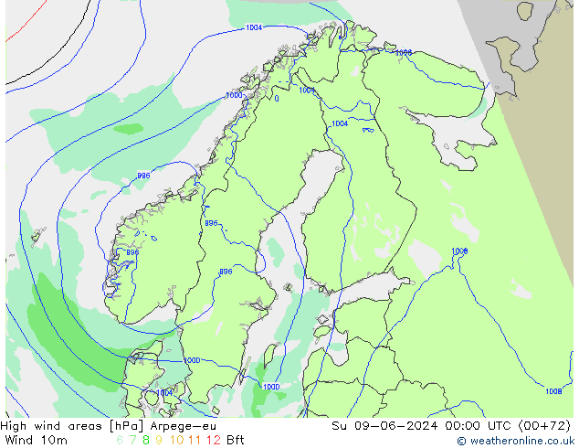 High wind areas Arpege-eu Вс 09.06.2024 00 UTC