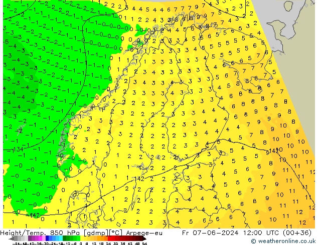 Height/Temp. 850 hPa Arpege-eu Fr 07.06.2024 12 UTC