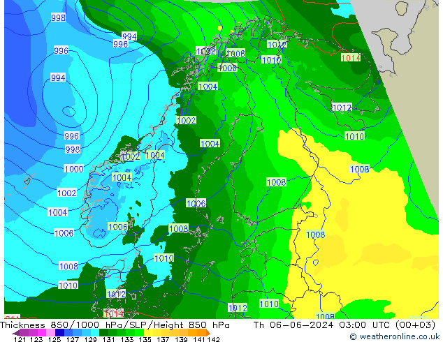 Espesor 850-1000 hPa Arpege-eu jue 06.06.2024 03 UTC