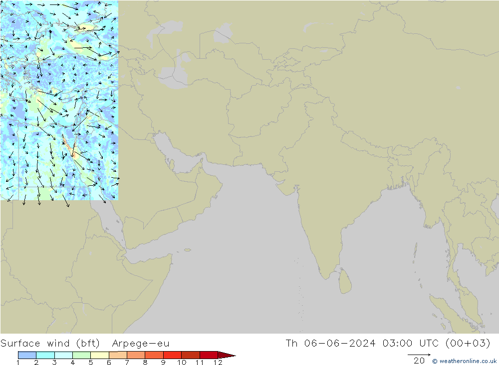 �N 10 米 (bft) Arpege-eu 星期四 06.06.2024 03 UTC