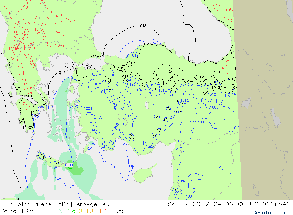 Windvelden Arpege-eu za 08.06.2024 06 UTC