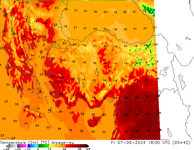 mapa temperatury (2m) Arpege-eu pt. 07.06.2024 18 UTC