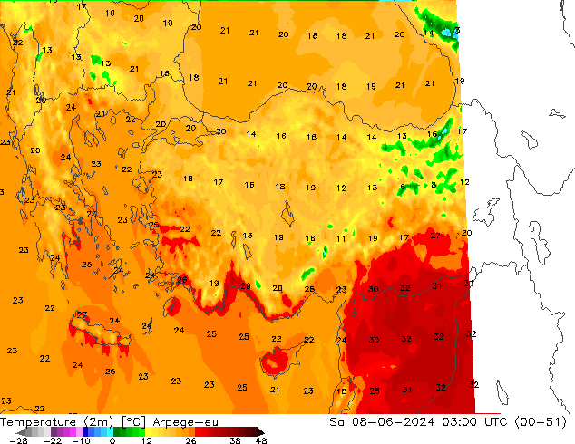 Temperatura (2m) Arpege-eu Sáb 08.06.2024 03 UTC