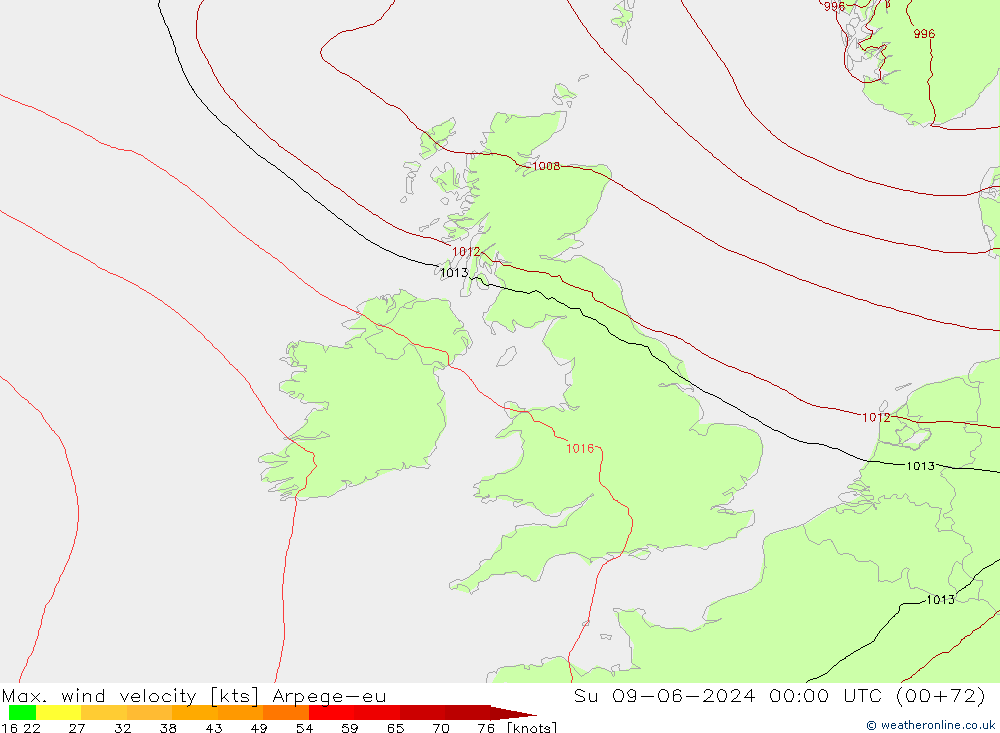 Max. wind velocity Arpege-eu Вс 09.06.2024 00 UTC