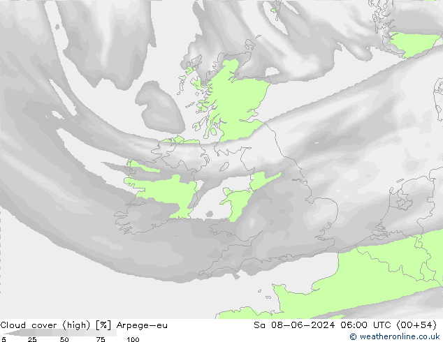 Cloud cover (high) Arpege-eu Sa 08.06.2024 06 UTC