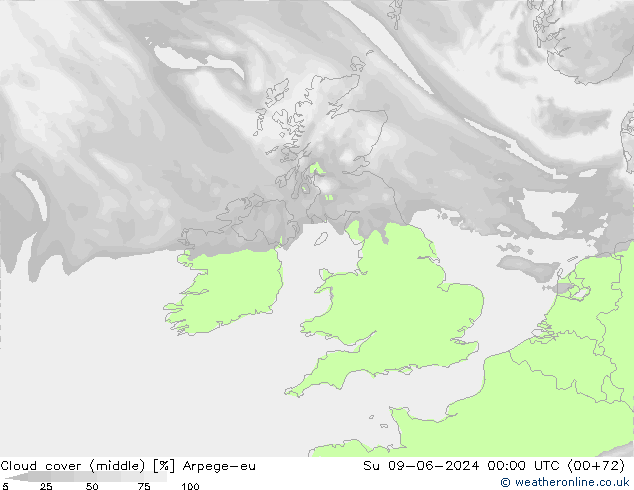 Cloud cover (middle) Arpege-eu Su 09.06.2024 00 UTC