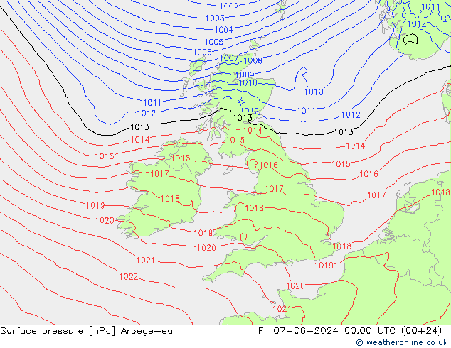 Pressione al suolo Arpege-eu ven 07.06.2024 00 UTC