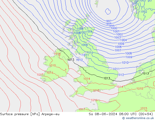 Atmosférický tlak Arpege-eu So 08.06.2024 06 UTC