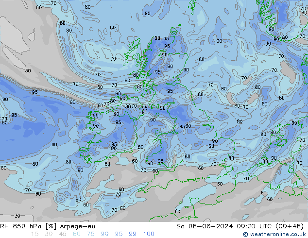 Humidité rel. 850 hPa Arpege-eu sam 08.06.2024 00 UTC