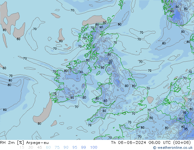 Humedad rel. 2m Arpege-eu jue 06.06.2024 06 UTC