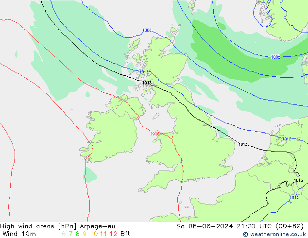 High wind areas Arpege-eu сб 08.06.2024 21 UTC