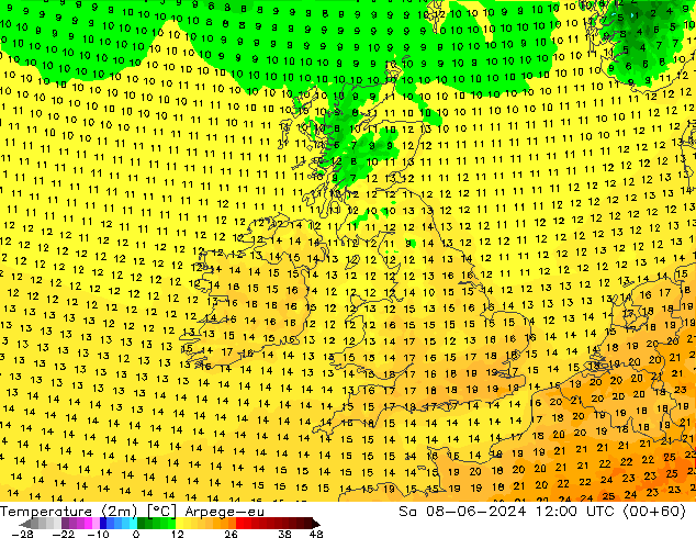 Temperatura (2m) Arpege-eu sab 08.06.2024 12 UTC