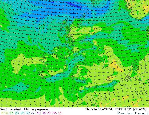 wiatr 10 m Arpege-eu czw. 06.06.2024 15 UTC