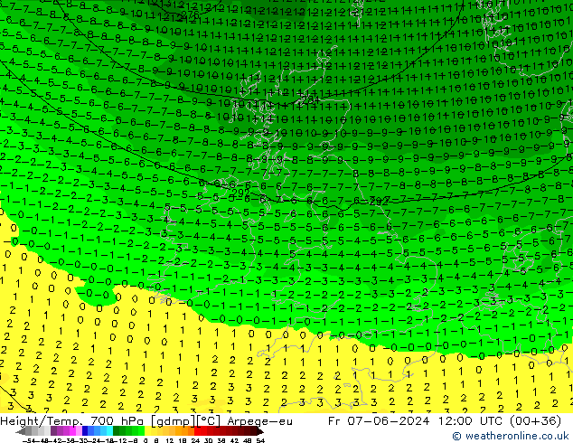 Height/Temp. 700 hPa Arpege-eu Pá 07.06.2024 12 UTC