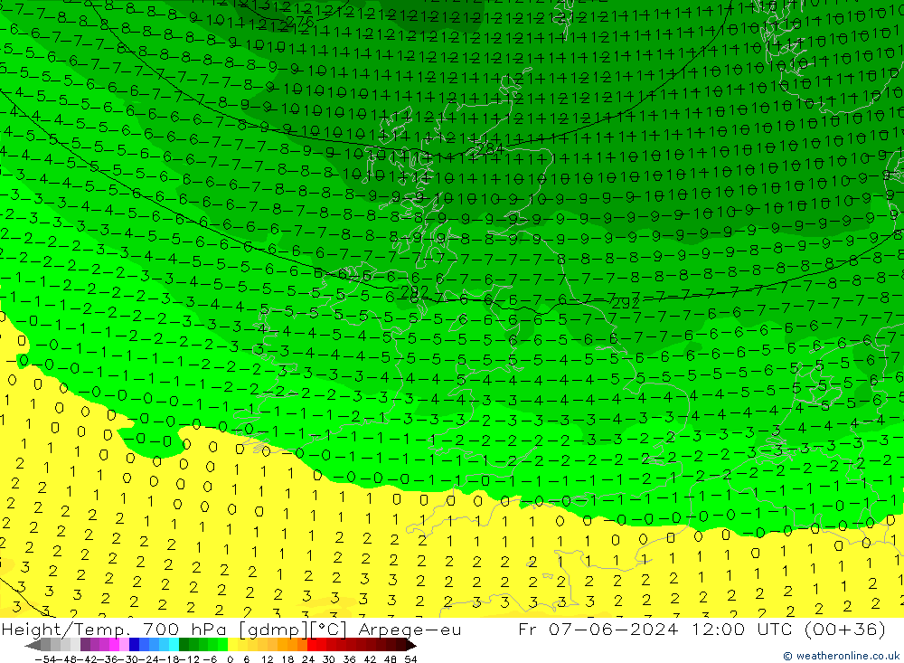 Height/Temp. 700 hPa Arpege-eu Fr 07.06.2024 12 UTC