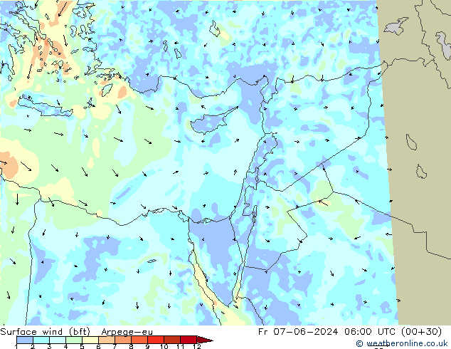 Surface wind (bft) Arpege-eu Fr 07.06.2024 06 UTC