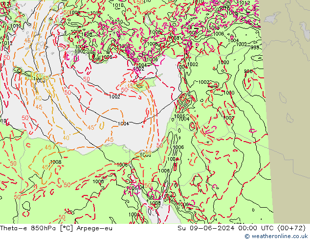 Theta-e 850hPa Arpege-eu Dom 09.06.2024 00 UTC