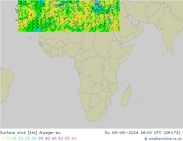 Rüzgar 10 m Arpege-eu Paz 09.06.2024 06 UTC