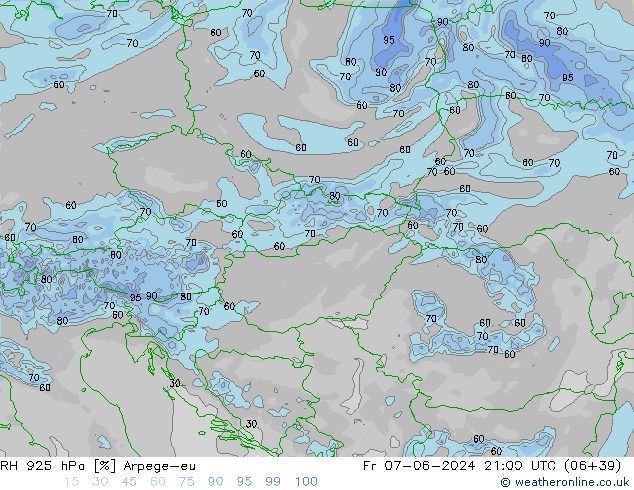 Humidité rel. 925 hPa Arpege-eu ven 07.06.2024 21 UTC