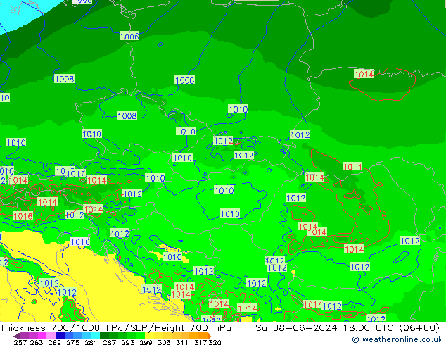 Espesor 700-1000 hPa Arpege-eu sáb 08.06.2024 18 UTC