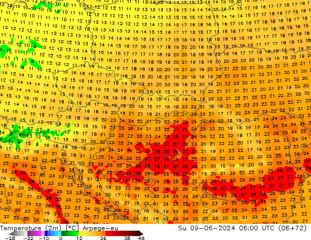 Temperaturkarte (2m) Arpege-eu So 09.06.2024 06 UTC