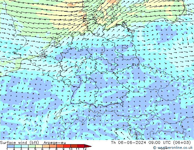 Bodenwind (bft) Arpege-eu Do 06.06.2024 09 UTC