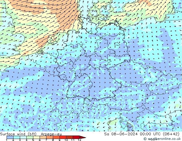 Wind 10 m (bft) Arpege-eu za 08.06.2024 00 UTC