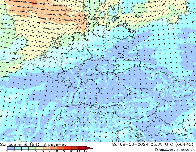 Wind 10 m (bft) Arpege-eu za 08.06.2024 03 UTC