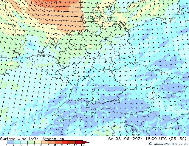 Wind 10 m (bft) Arpege-eu za 08.06.2024 18 UTC