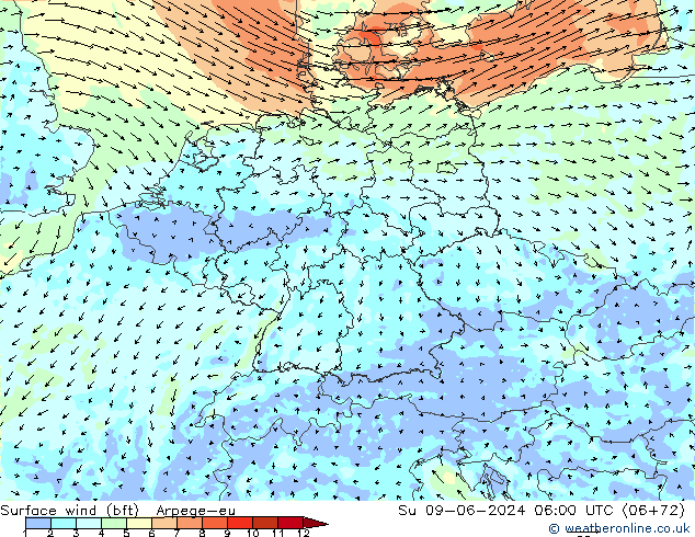 Vent 10 m (bft) Arpege-eu dim 09.06.2024 06 UTC