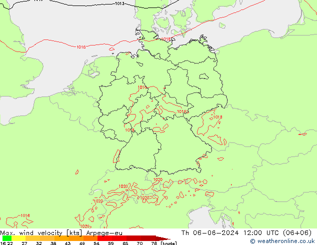 Max. wind velocity Arpege-eu Th 06.06.2024 12 UTC