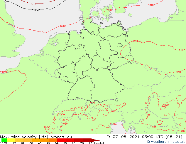 Max. wind snelheid Arpege-eu vr 07.06.2024 03 UTC