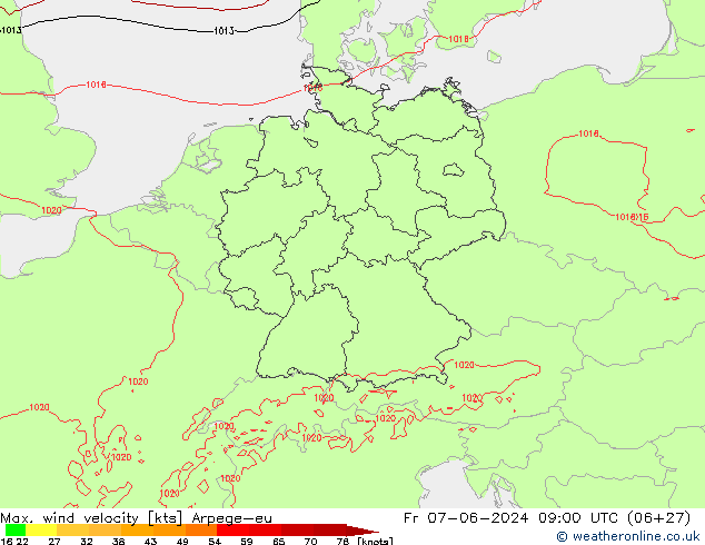 Max. wind velocity Arpege-eu пт 07.06.2024 09 UTC