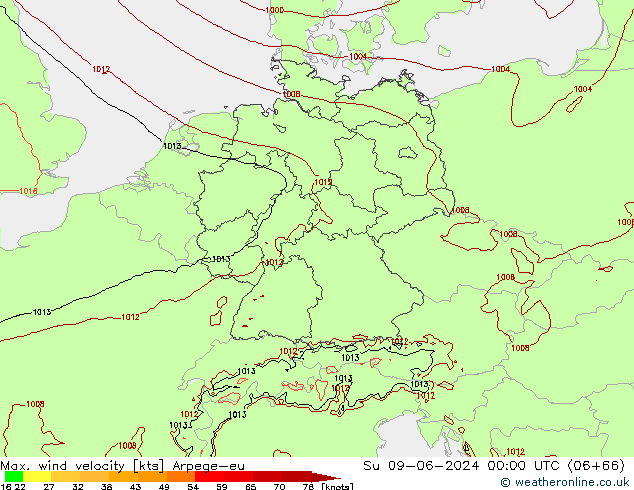 Max. wind velocity Arpege-eu Dom 09.06.2024 00 UTC