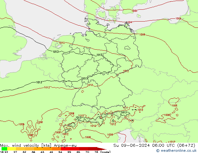 Max. wind velocity Arpege-eu Su 09.06.2024 06 UTC