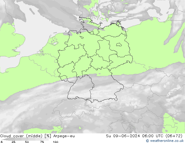 Cloud cover (middle) Arpege-eu Su 09.06.2024 06 UTC