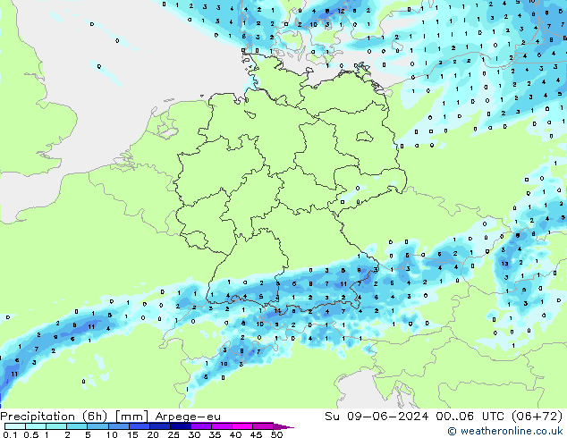 Precipitación (6h) Arpege-eu dom 09.06.2024 06 UTC