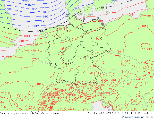 Pressione al suolo Arpege-eu sab 08.06.2024 00 UTC