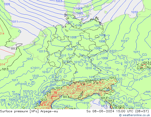 Pressione al suolo Arpege-eu sab 08.06.2024 15 UTC