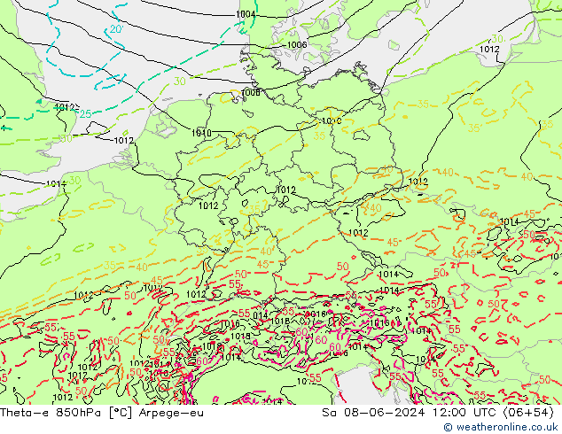 Theta-e 850hPa Arpege-eu za 08.06.2024 12 UTC