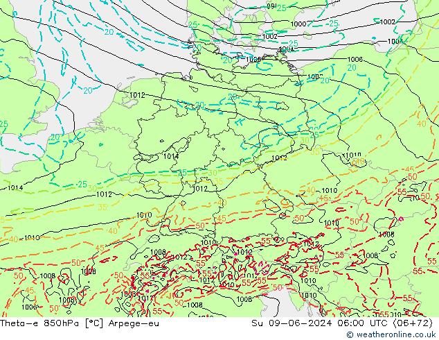 Theta-e 850hPa Arpege-eu Ne 09.06.2024 06 UTC